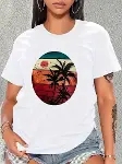 Kadın Kısa Kollu Palmiye Baskılı Viskon T-shirt-2