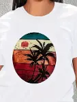Kadın Kısa Kollu Palmiye Baskılı Viskon T-shirt-3