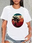 Kadın Kısa Kollu Palmiye Baskılı Viskon T-shirt-5