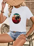 Kadın Kısa Kollu Palmiye Baskılı Viskon T-shirt-1