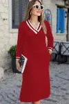 Kadın Uzun Kollu V Yakalı Yandan Yırtmaçlı Iki Iplik Midi Elbise-2