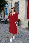 Kadın Uzun Kollu V Yakalı Yandan Yırtmaçlı Iki Iplik Midi Elbise-3