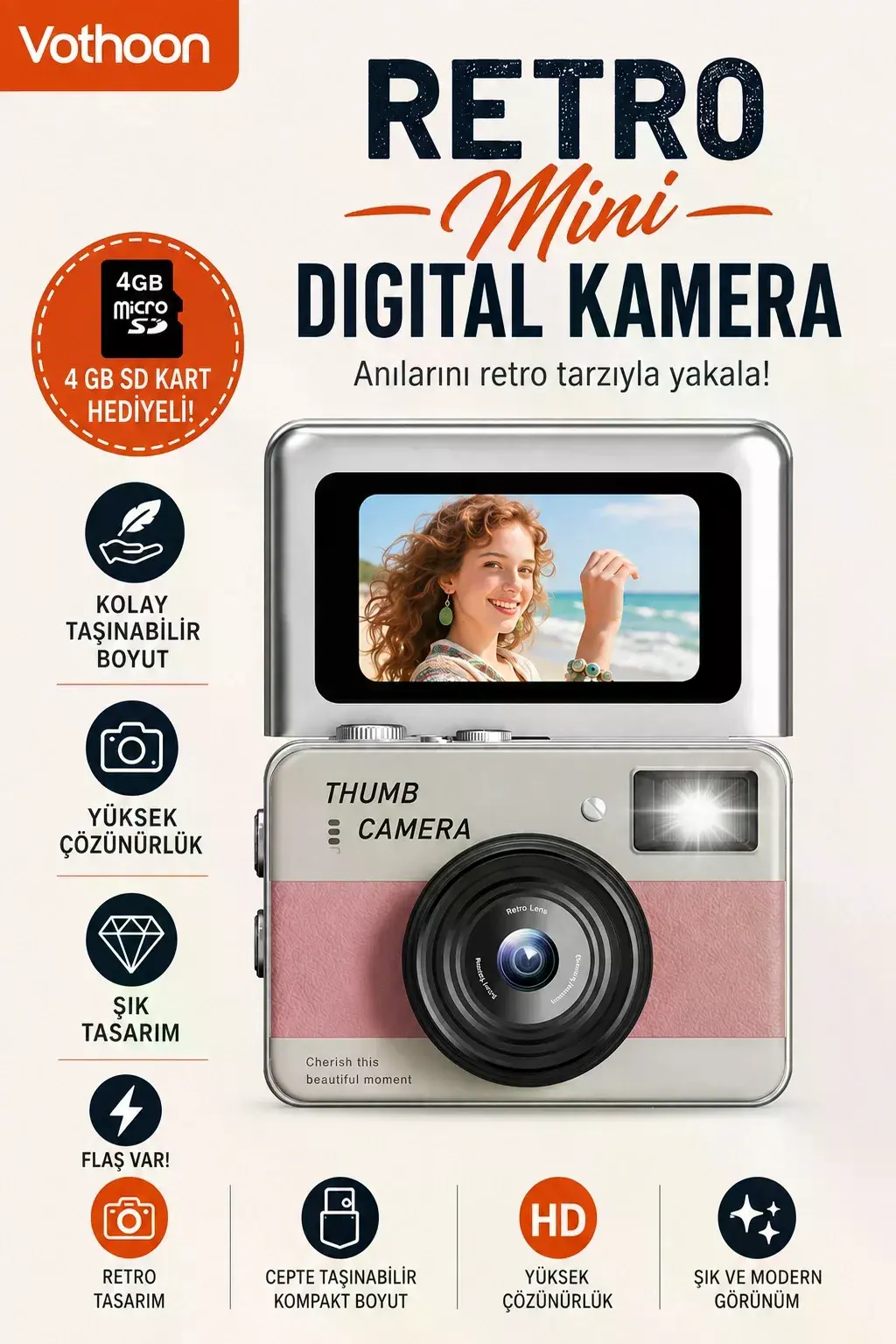Retro Mini Dijital Kamera 1080P 1.47 İnç Flip Ekranlı Flaşlı Selfie Vlog Kamerası 4GB SD Hediyeli Pembe