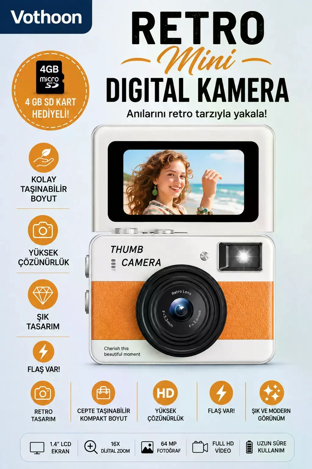 Retro Mini Dijital Kamera 1080P 1.47 İnç Flip Ekranlı Flaşlı Selfie Vlog Kamerası 4GB SD Hediyeli Turuncu