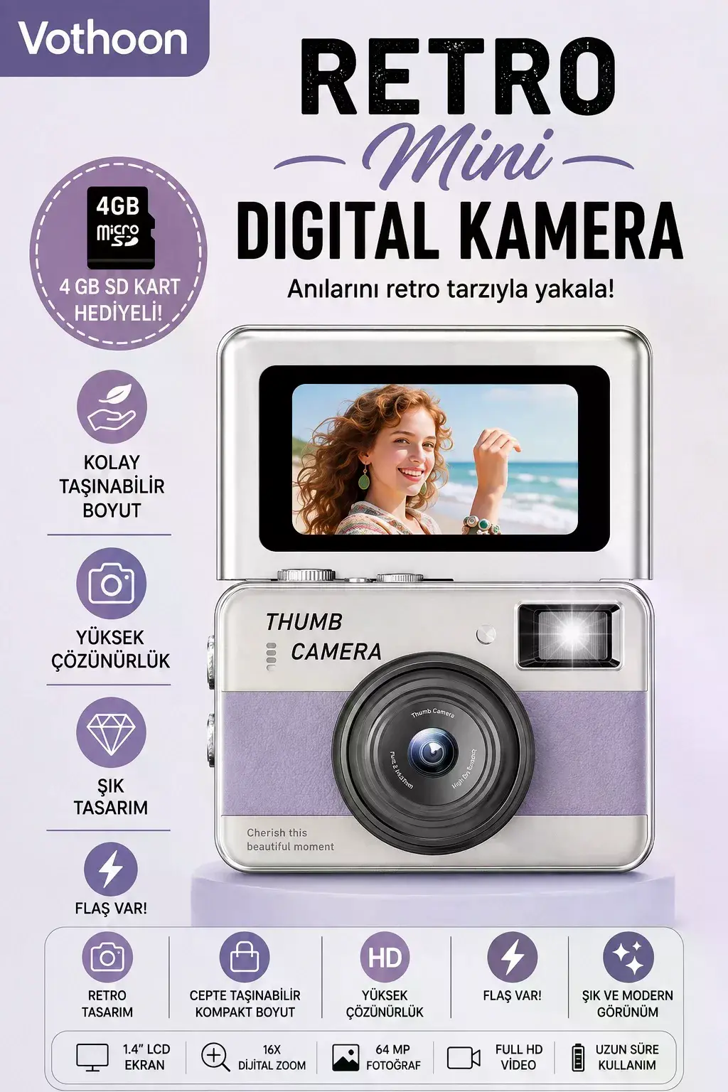 Retro Mini Dijital Kamera 1080P 1.47 İnç Flip Ekranlı Flaşlı Selfie Vlog Kamerası 4GB SD Hediyeli Mor