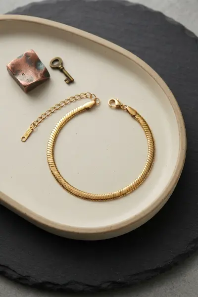 316L Çelik Gold Renk Yassı Yılan Zincir Model Erkek Bileklik TJ-EB3838