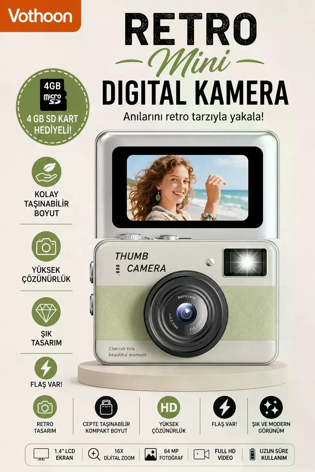 Retro Mini Dijital Kamera 1080P 1.47 İnç Flip Ekranlı Flaşlı Selfie Vlog Kamerası 4GB SD Hediyeli Yeşil
