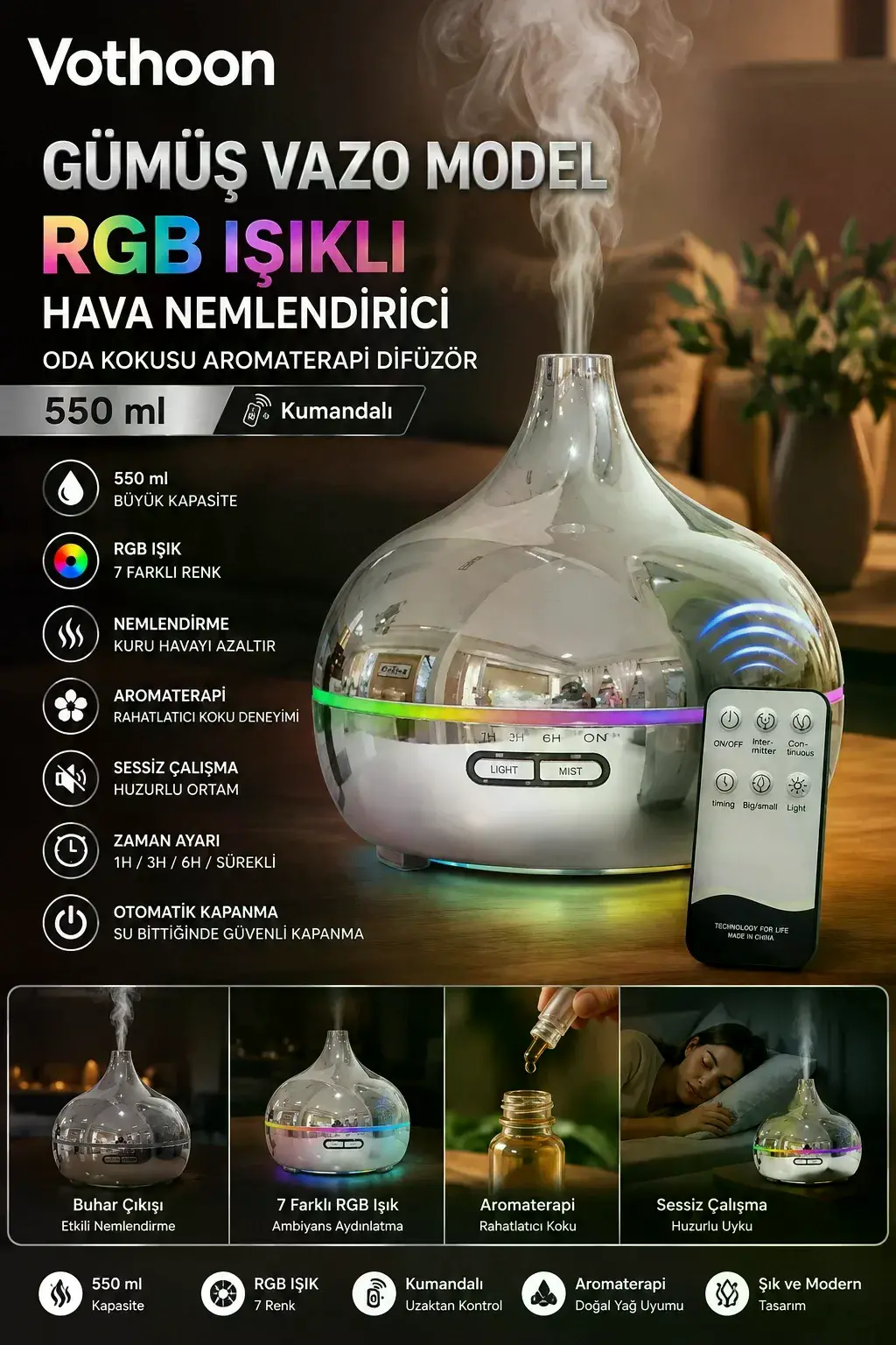 Gümüş Vazo Model RGB Işıklı Hava Nemlendirici & Aromaterapi Difüzör – 550 ml Kumandalı