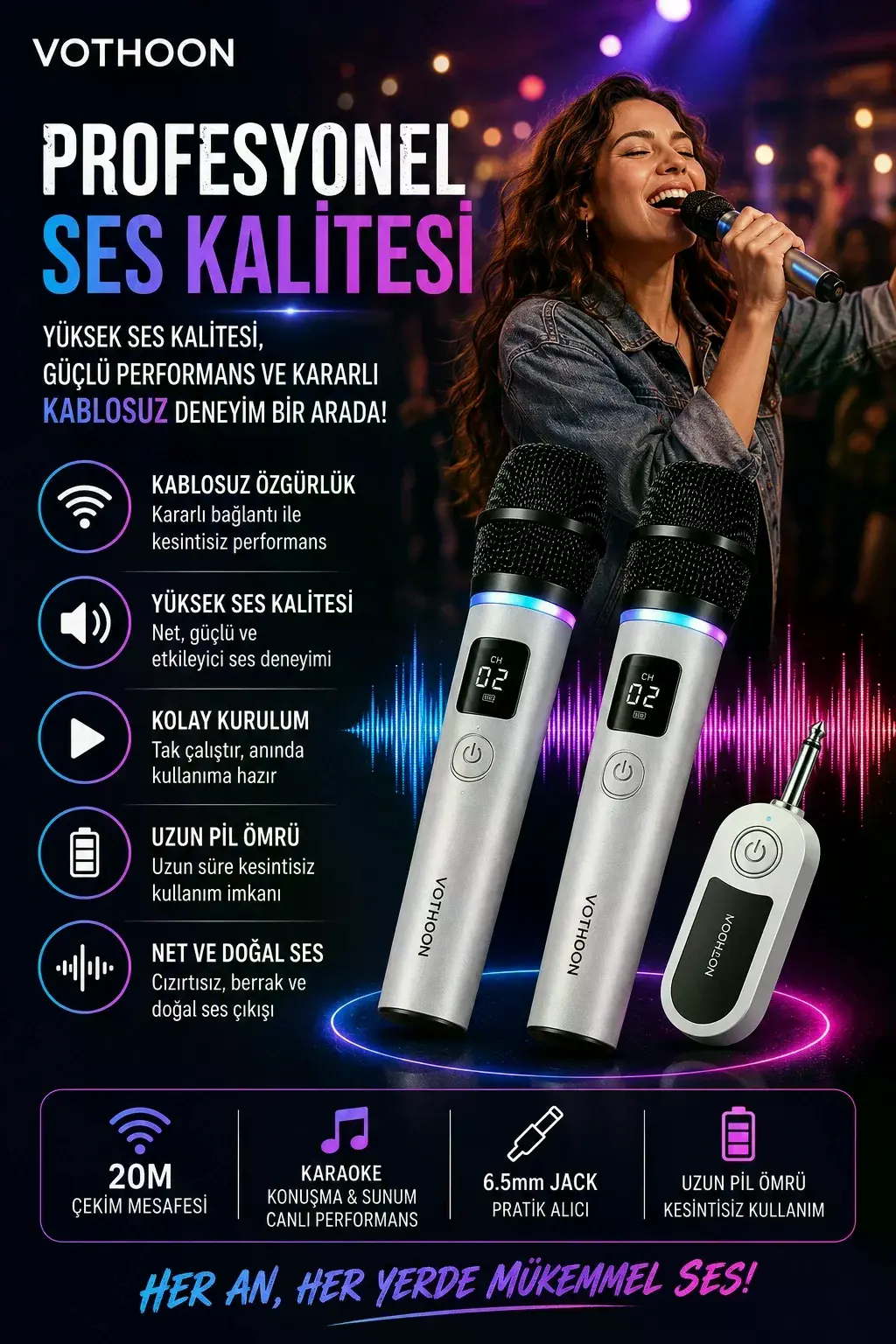 Kablosuz Karaoke Çift Mikrofon 6.5 mm Sahne Parti Düğün Aktivite Amfi Hoparlör