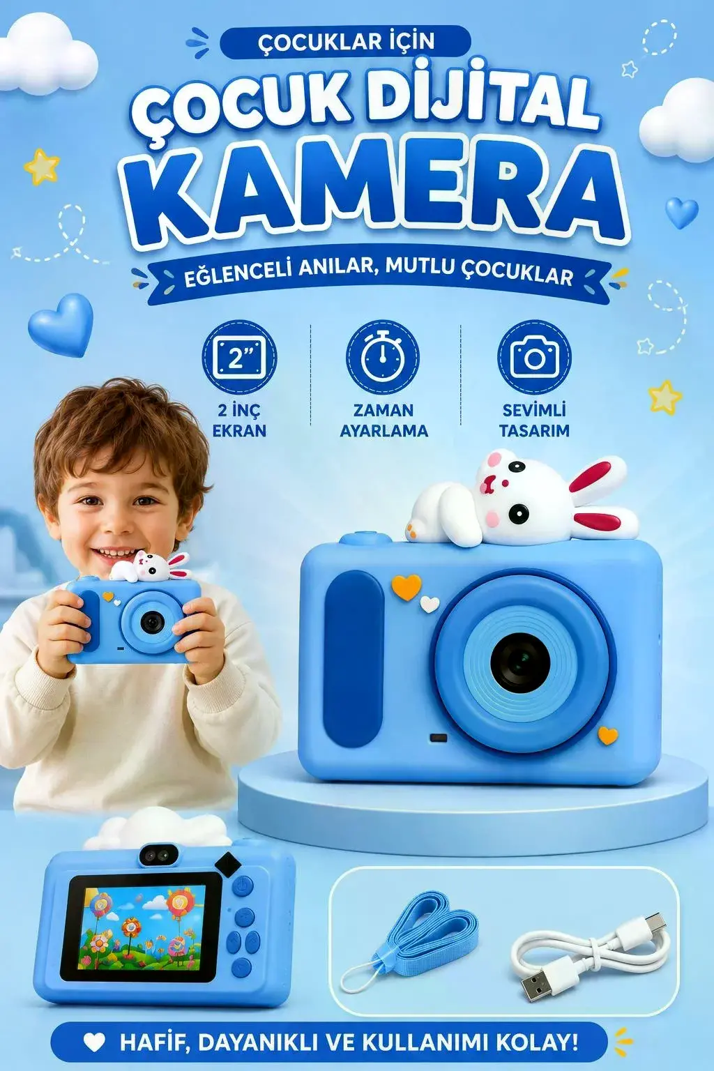 Mini Çocuk Kamerası 2 İnç Ekranlı Fotoğraf Video Çekimli Şarjlı Silikon Korumalı Dijital Kamera