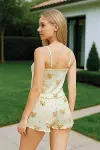 Pamuklu Ayıcık Desenli Yıldızlı Krem İnce Askılı Şortlu Pijama Takımı-2