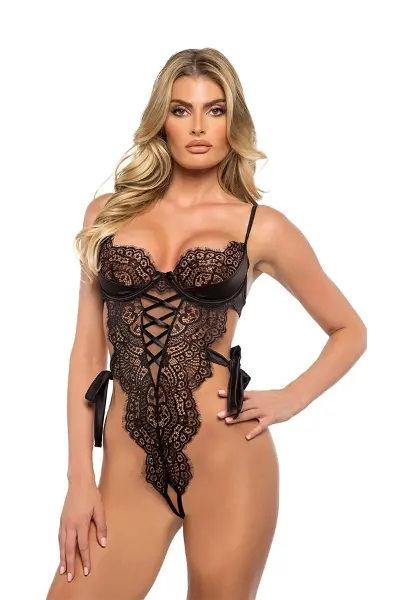 HERŞEYTREND Özel Tasarım İp Detaylı Siyah Dantel İşlemeli Transparan Fantezi Body