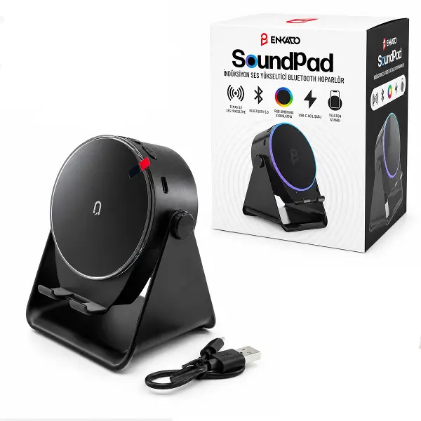 SOUNDPAD 5IN1 - 5W - 2000mAh TEMAS İLE SES YÜKSELTME - TELEFON STAND - USB-C ŞARJ SİYAH İNDİKSİYON SES YÜKSELTİCİ BLUETOOTH HOPARLÖR SPEAKER EKD-S10 (4745)