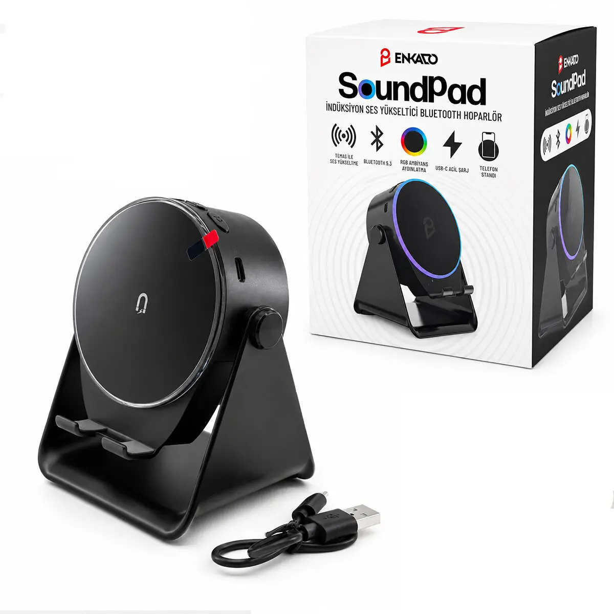 SOUNDPAD 5IN1 - 5W - 2000mAh TEMAS İLE SES YÜKSELTME - TELEFON STAND - USB-C ŞARJ SİYAH İNDİKSİYON SES YÜKSELTİCİ BLUETOOTH HOPARLÖR SPEAKER EKD-S10 (4745)