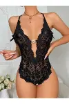 Metal Kalp Aksesuarlı Fantezi Dantelli Siyah Body-3