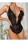 Metal Kalp Aksesuarlı Fantezi Dantelli Siyah Body-1