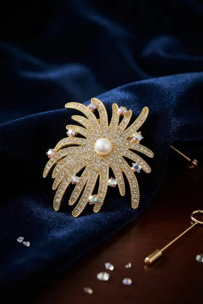 Zirkon Taşlı Gold Renk İnci Detaylı Broş TJ-BR504