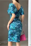 Kadın Esnek Likralı Kumaş Kruvaze Yaka Kemerli Elbise-3