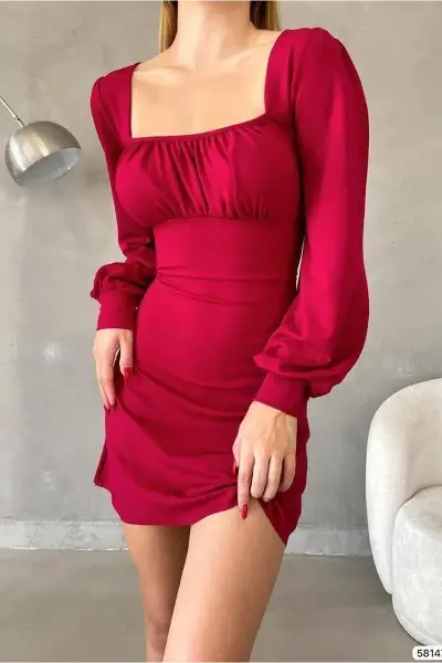 Kadın Krep Kumaş Kare Yaka Uzun Kollu Elbise