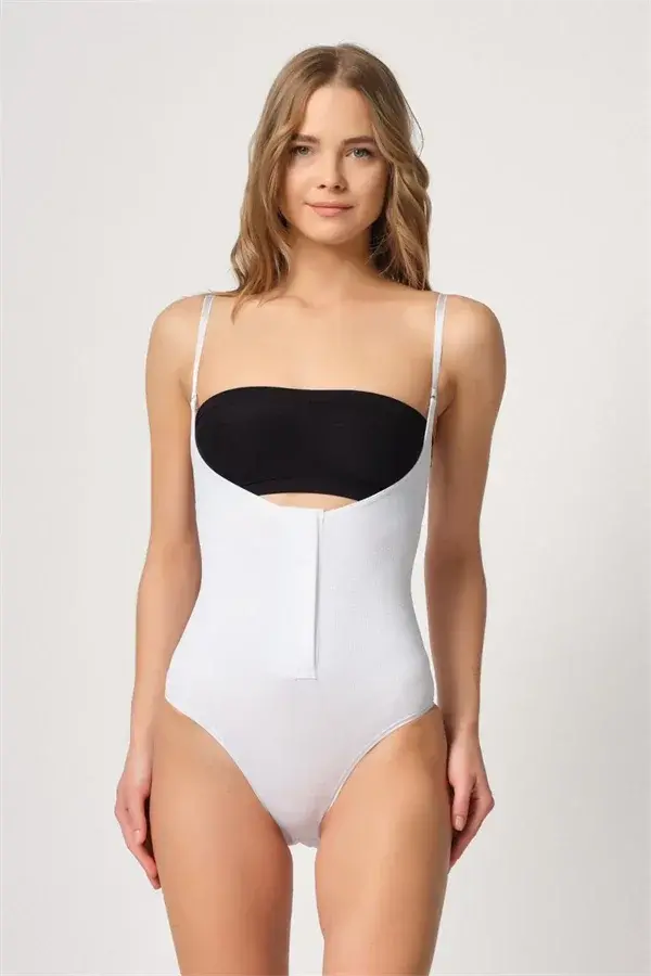 Beyaz Göğsü Açık Agraflı Body Korse