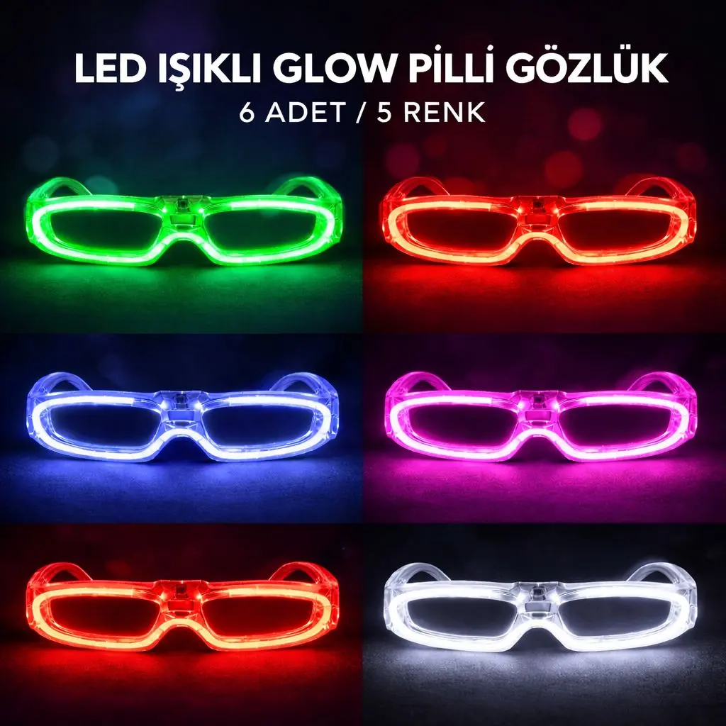 LED Işıklı Glow Pilli Parti Gözlüğü - Glow Efektli 6 Adet 5 Renk (4745)