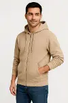 Erkek Üç İplik Kapüşonlu Tam Fermuarlı Kanguru Çepli SweatShirt Hoodie - Bej-3