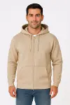 Erkek Üç İplik Kapüşonlu Tam Fermuarlı Kanguru Çepli SweatShirt Hoodie - Bej-1
