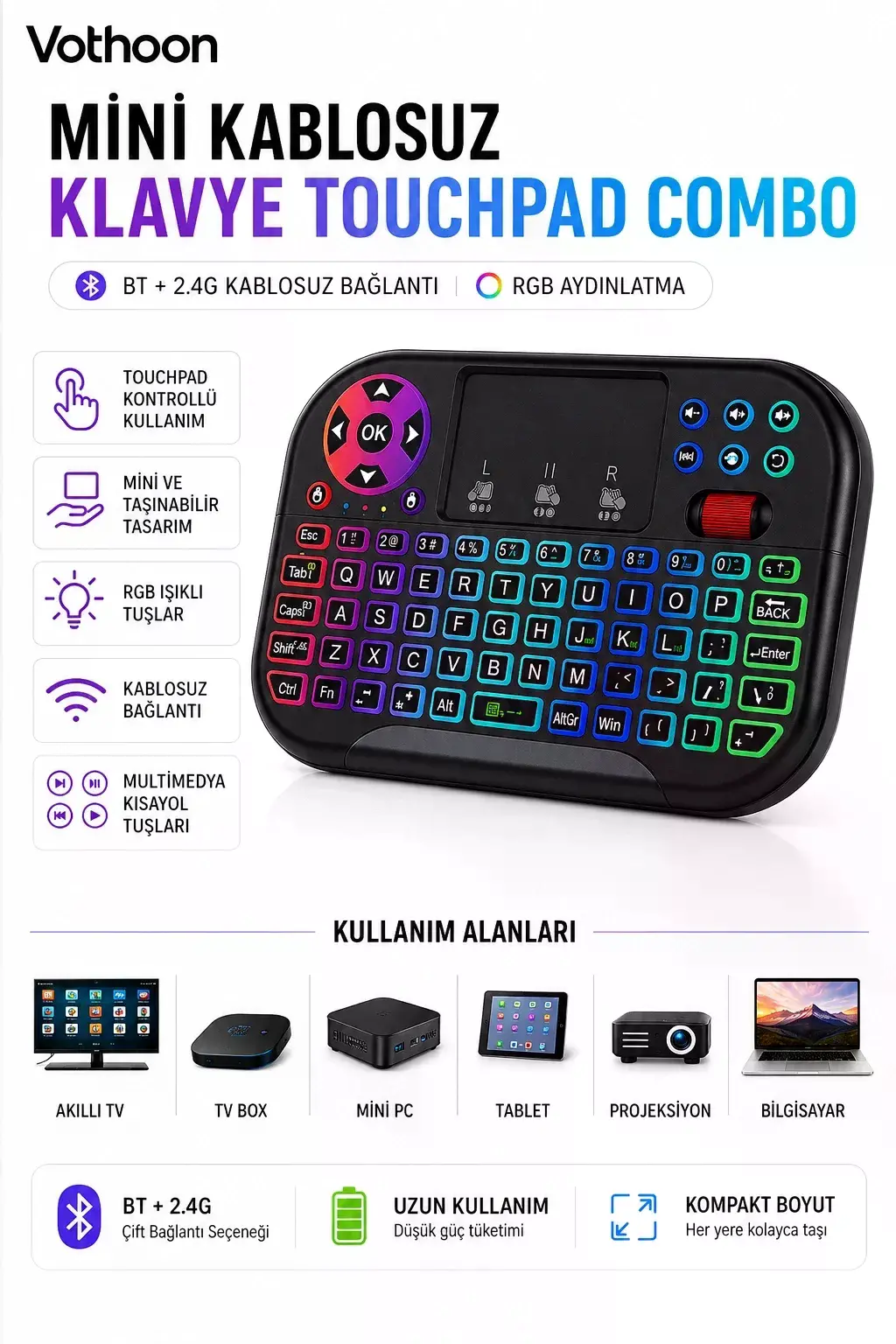 RGB Işıklı Mini Kablosuz Klavye Touchpad Combo, Bluetooth ve 2.4G Smart TV Kumandası