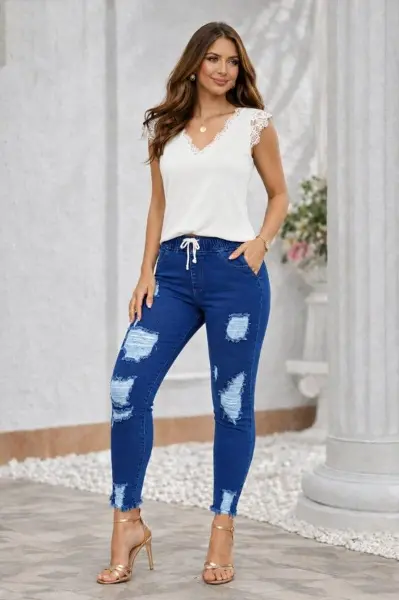 Kadın Yüksek Bel Beli Bağcıklı önden Yırtık Desenli Kot Pantolon