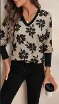Kadın Uzun Kollu V Yakalı Desenli Süprem Bluz-3