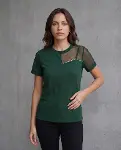 Kadın Kısa Kollu Tül Detaylı Taşlı Janjan Krep Bluz-3