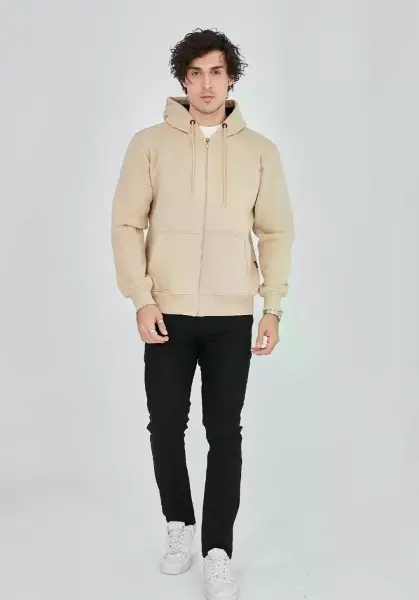 Unisex Tam Fermuarlı Kapşonlu&nbsp; SweatShirt - Bej