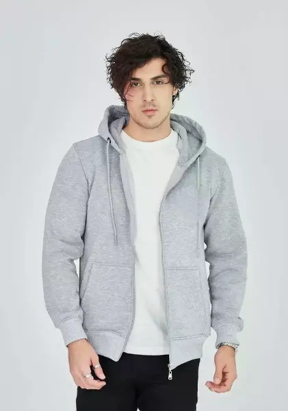 Unisex Tam Fermuarlı Kapşonlu SweatShirt - Gri