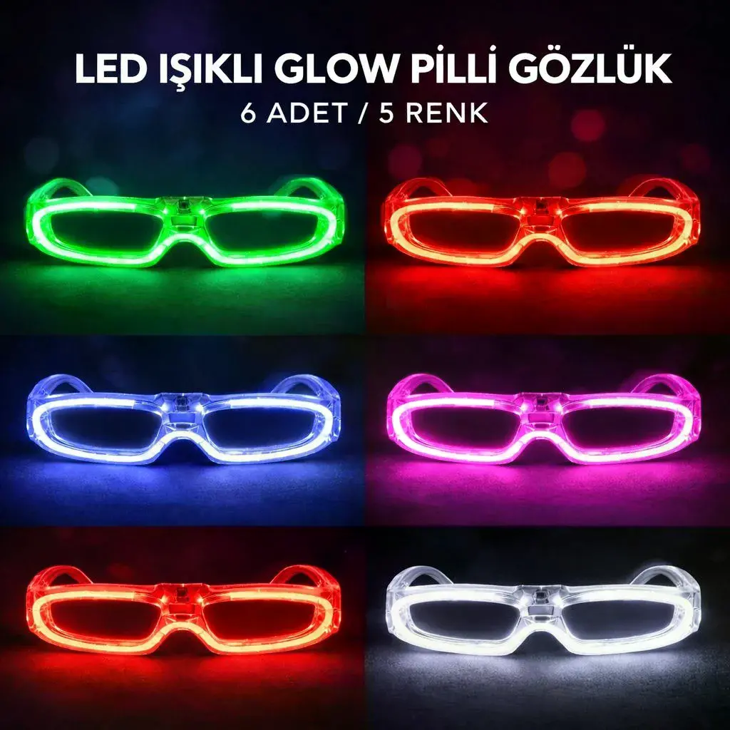 LED Işıklı Glow Pilli Parti Gözlüğü - Glow Efektli 6 Adet 5 Renk