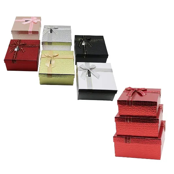 3PCS KARE PARLAK MİX RENKLİ - KABARTMA DESEN KARTON HEDİYE KUTUSU KURDELALI 19-17-15CM (4745)
