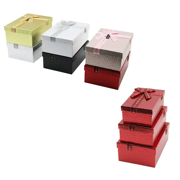3PCS D.DÖRTGEN PARLAK MİX RENKLİ - KABARTMA DESEN KARTON HEDİYE KUTUSU KURDELALI 22.5X15.5-20.5X13.5-18.5X11.5CM (4745)