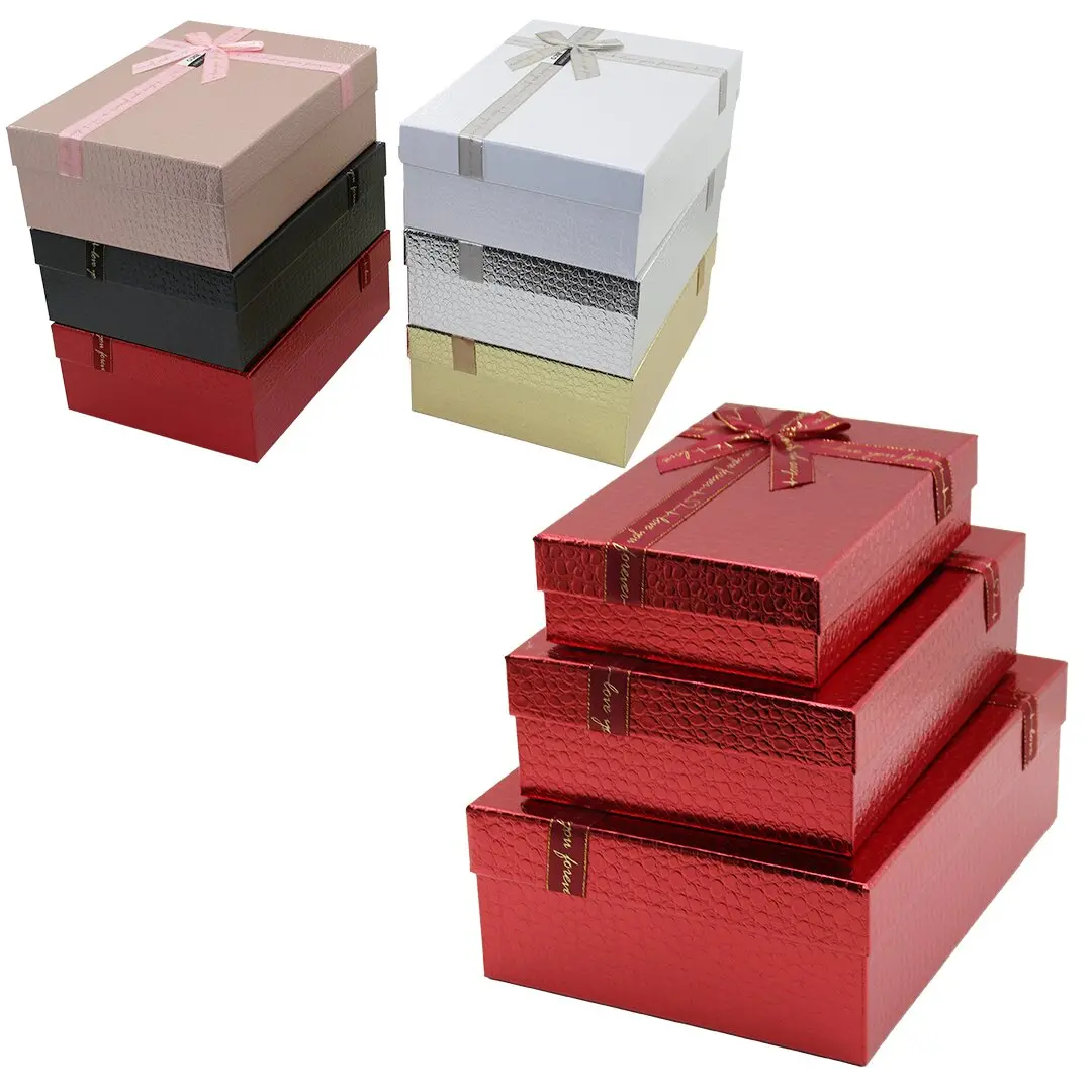 3PCS D.DÖRTGEN PARLAK MİX RENKLİ - KABARTMA DESEN KARTON HEDİYE KUTUSU KURDELALI 33X24.5-28.5X20.5-24X16.5CM (4745)