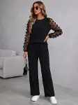 Kadın Uzun Kollu Bisiklet Yakalı Kolları Tullu Viskon Iki Iplik Bluz Ve Pantolon Ikili Takım-4
