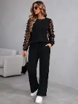 Kadın Uzun Kollu Bisiklet Yakalı Kolları Tullu Viskon Iki Iplik Bluz Ve Pantolon Ikili Takım-1