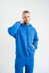 Unisex Double Oversize Kapşonlu Yıkamalı SweatShirt - Mavi-4