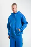 Unisex Double Oversize Kapşonlu Yıkamalı SweatShirt - Mavi-1