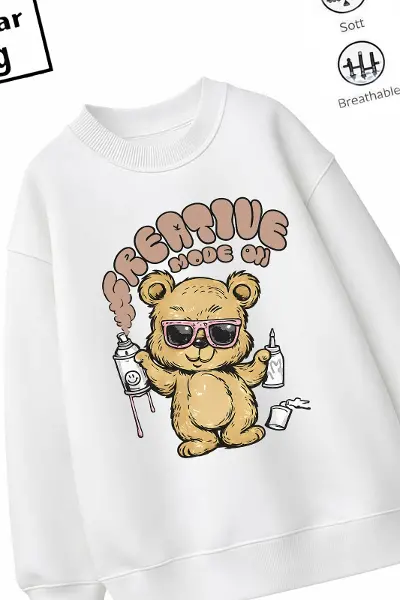 Trend Çocuk Unisex Model Tam Kalıp Oversize Ayıcık Tasarım 2 İplik Pamuğa Pamuk Kumaş Sweatshirt 3