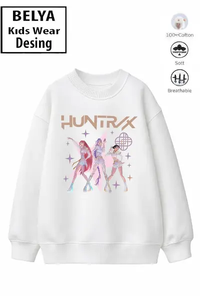Trend Çocuk Kız Model Tam Kalıp Oversize Hun Tasarım 2 İplik Pamuğa Pamuk Kumaş Sweatshirt 2