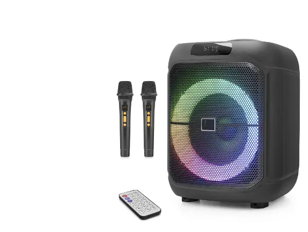 Çift Karaoke Mikrofonlu Bluetooth Hoparlör Fm Radyo 20W 8 İnç Rgb Kumandalı Siyah NDR1745