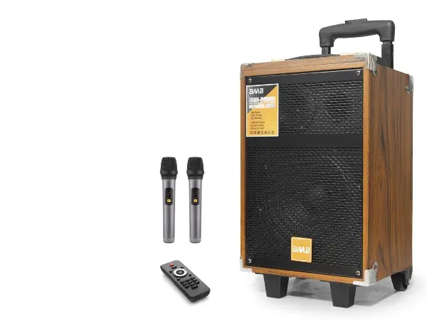 Çift Karaoke Mikrofonlu Bluetooth Hoparlör Fm Radyo 40W 8 İnç Kumandalı Ahşap BQ8