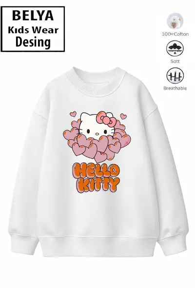 Trend Çocuk Kız Model Tam Kalıp Oversize Kedı Tasarım 2 İplik Pamuğa Pamuk Kumaş Sweatshirt 7