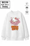 Trend Çocuk Kız Model Tam Kalıp Oversize Kedı Tasarım 2 İplik Pamuğa Pamuk Kumaş Sweatshirt 7-1