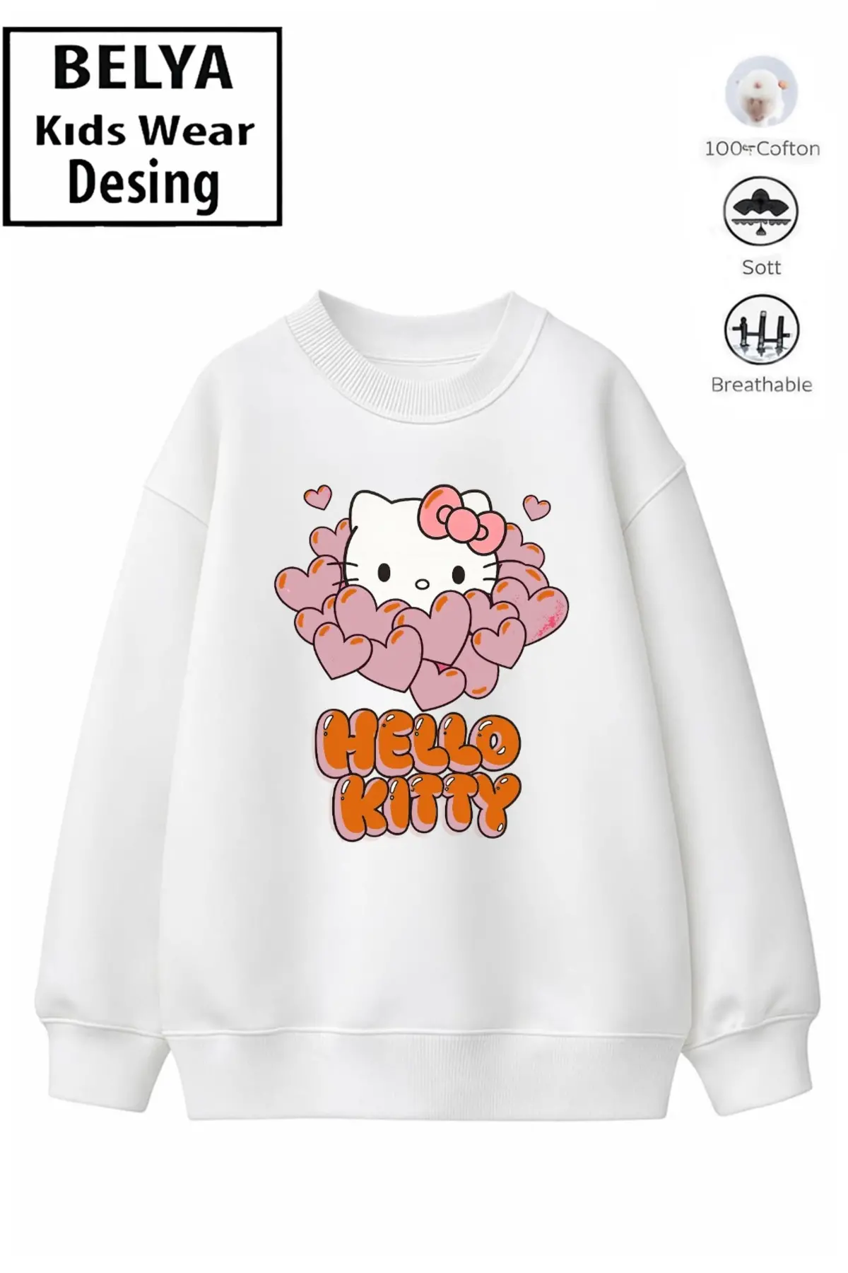 Trend Çocuk Kız Model Tam Kalıp Oversize Kedı Tasarım 2 İplik Pamuğa Pamuk Kumaş Sweatshirt 7