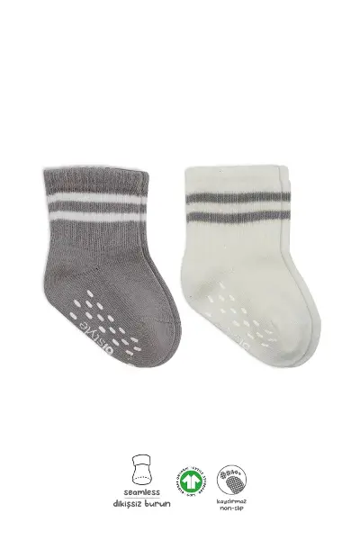 Bistyle 2li Çemberli Kaymaz Soket Çorap 10125 Gri Ekru