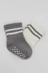 Bistyle 2li Çemberli Kaymaz Soket Çorap 10125 Gri Ekru-4